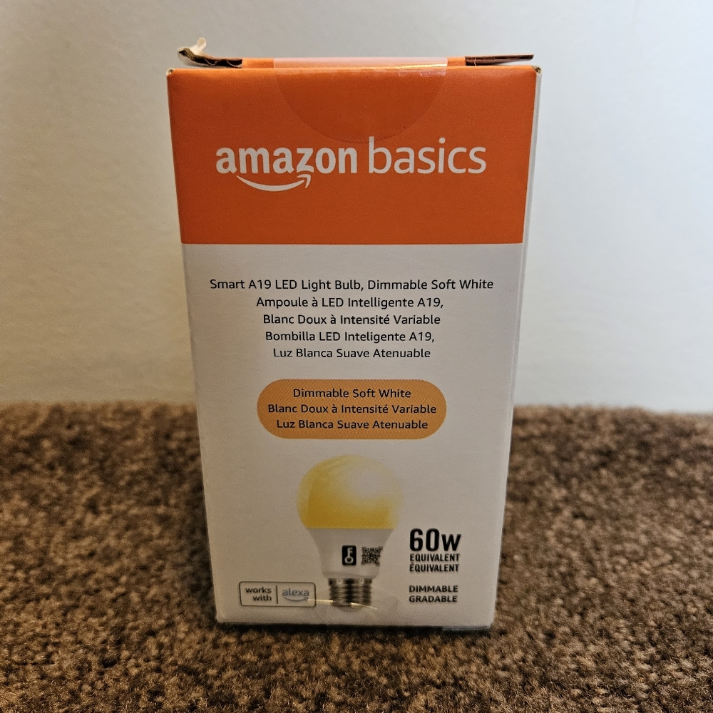 Amazon Basics Smart A19 LED Light Bulb, Dimmable Soft White, 2.4 GHz Wi-Fi, 60W